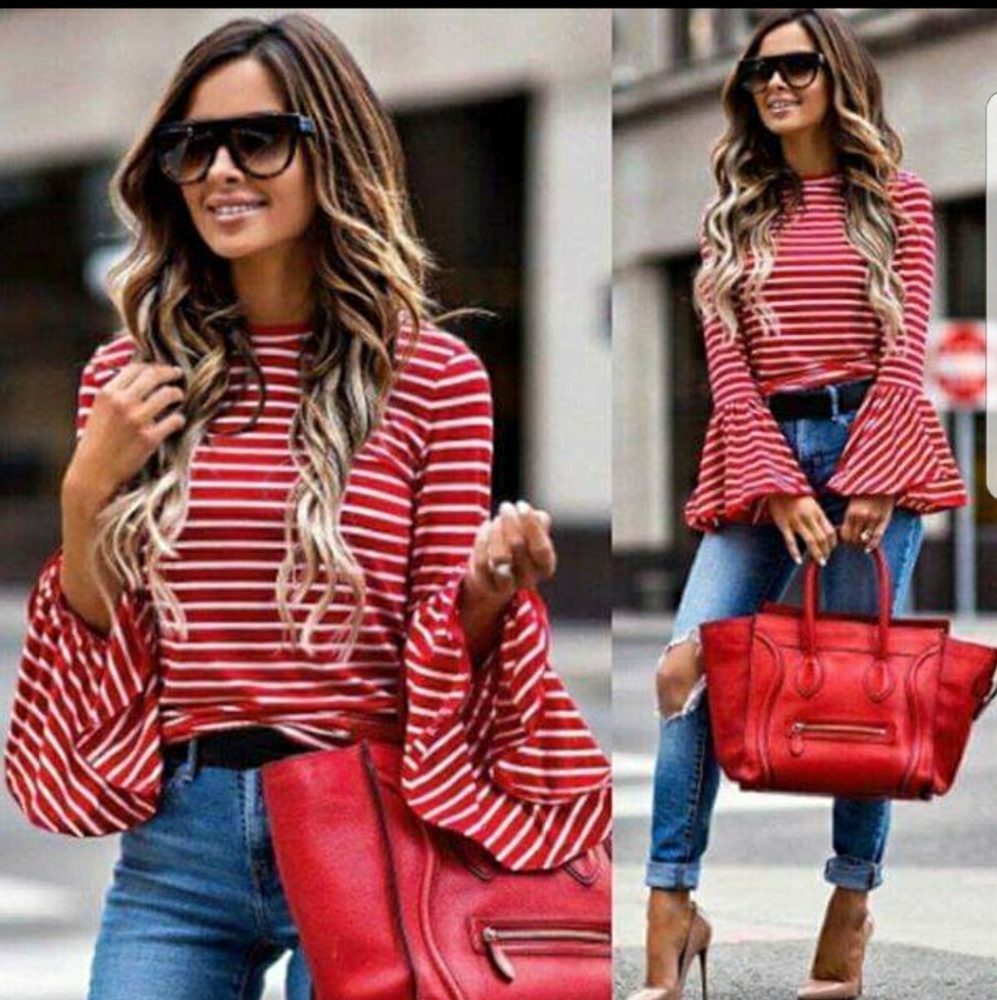 LADIES LONG SLEEVE BELL SLEEVE TOP - RED STRIPE
